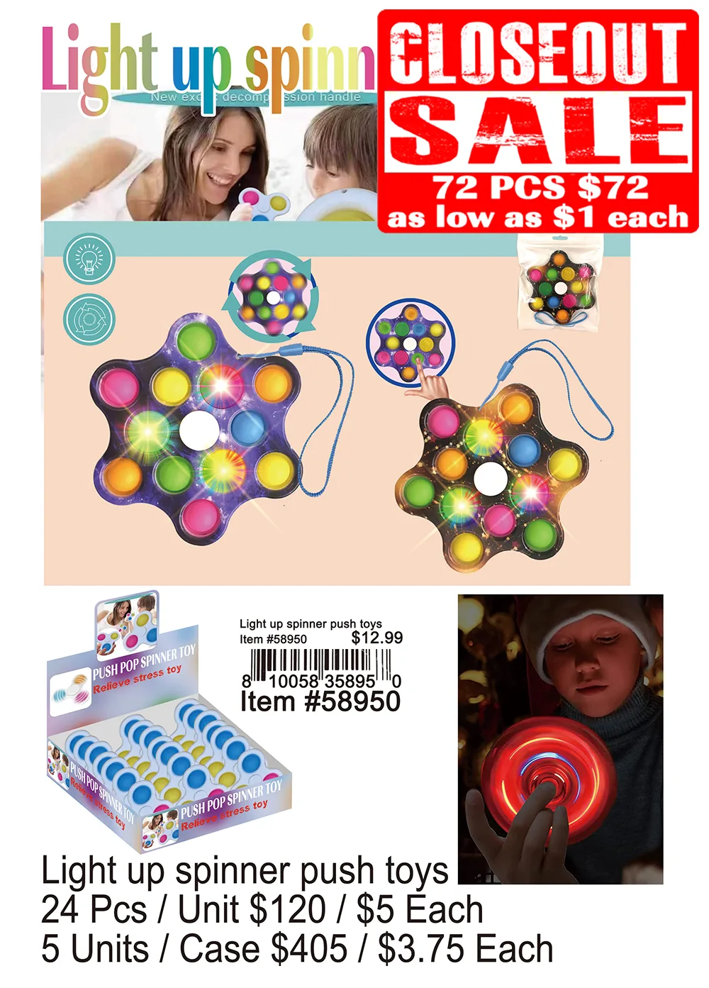 Light Up Spinner Push Toys - Closeout 72 Pcs.